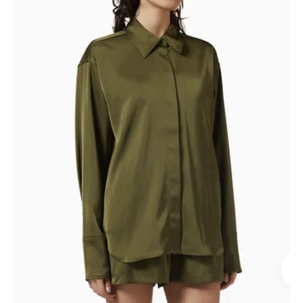 Good American Womens Juniper Green Long  Sleeve Shirt Top Size S‎ / M Satin Like